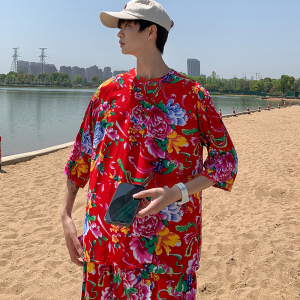 中国风东北大花polo衫短袖男夏季民族风 牡丹印花t恤宽松潮流半袖