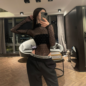 en jia 欧美连体裤女内搭性感透视网纱辣妹连体上衣打底渔网罩衫