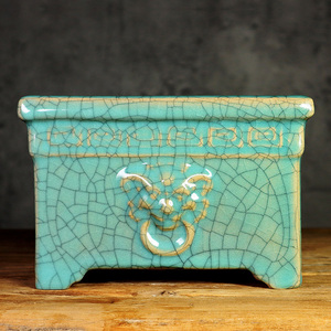 岭南石湾花盆兽头冰裂釉面绿植15复古20中式25口径30四方形盆景盆