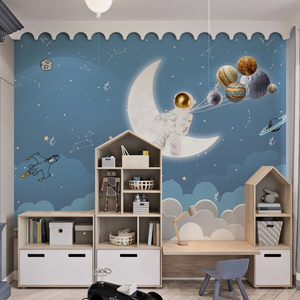 宇航员墙纸卡通儿童房壁纸男孩墙布背景墙北欧风格幼儿园定制壁画
