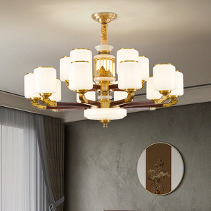 新中式客厅全铜玉石吊灯中式复古别墅大厅餐厅卧室实木全铜大灯具