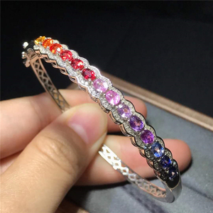 s925银镶嵌彩色蓝宝石彩虹条渐变色手镯配锆石时尚新颖百搭款