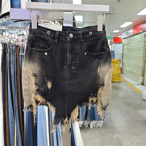 2023年夏季个性破烂毛边黑色高腰牛仔半身裙女修身显瘦a字包臀裙