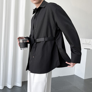 新款韩版宽松休闲潮牌衬衫个性青年中长款长袖衬衣发型师男潮