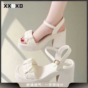 【XXNXD】凉鞋女2024新款时尚休闲女鞋防水台坡跟高跟鞋米色
