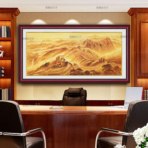 手绘中式书房风景长城龙抬头油画办公室靠山水风水挂画装饰画