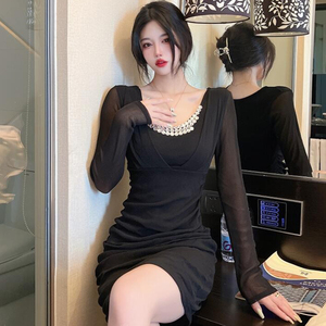 夜店女装夜场上班衣服性感网纱长袖连衣裙女人味气质显瘦包臀裙子