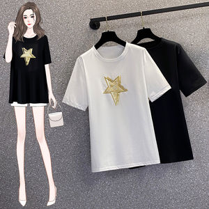 大码胖mm时尚设计感五角星短袖t恤女2022夏宽松显瘦遮肚圆领上衣