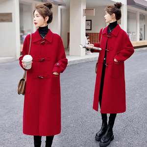 红色气质双面羊绒大衣女2023年秋冬新款休闲宽松中长款羊毛呢外套