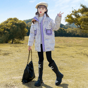 冬季12岁女童紫色羽绒服2024新款中大童儿童小女孩洋气中长款外套