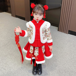 拜年服女童汉服儿童新年装礼服中国风秋冬装宝宝唐装喜庆加厚套装