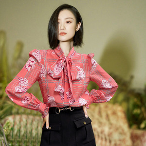 倪妮明星同款链条印花飘带真丝衬衫女 小众花边设计粉色长袖上衣