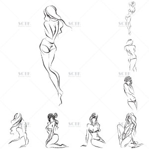 女人人体曲线毛笔画写生女性柔美身体速写年轻美女线描裸画ai素材