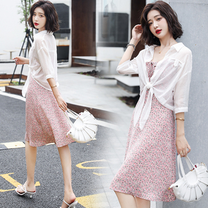 简约时尚百搭小披肩外套搭配吊带裙两件套夏季雪纺碎花裙子连衣裙