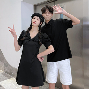 夏季情侣装连衣裙女夏装短袖套装气质小众设计感男衣女裙一裙一衣