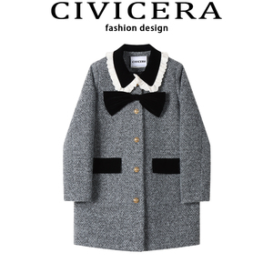 CIVICERA高级感小香风毛呢连衣裙冬季夹棉加厚中长款毛呢外套大衣