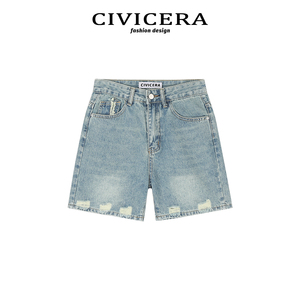 CIVICERA牛仔短裤女夏季高腰显瘦五分裤独特设计感直筒老爹裤子潮