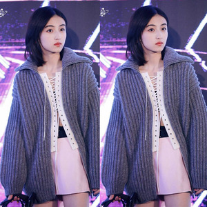 张子枫同款灰色针织开衫毛衣外套 白色抽绳内搭上衣服套装女