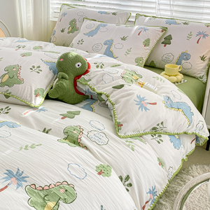 ins小清新绿色恐龙床上四件套水洗棉双层纱被套宿舍床单三件套1.8