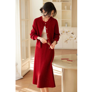 新年红本命年香风呢子套装裙气质优雅小外套高腰中长款A字裙两件