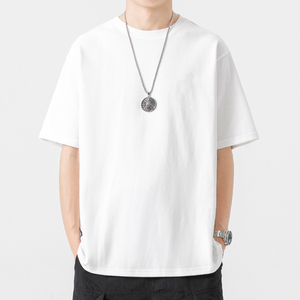 LAZY DAY 300g重磅日系圆领纯色短袖T恤男夏白色小领口内搭打底衫