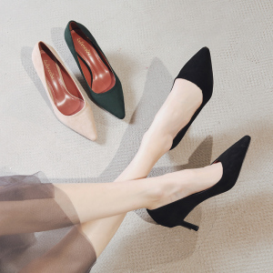 绒面6cm高跟鞋女细跟尖头气质中跟2020年春季新款浅口搭礼服单鞋