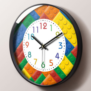 儿童房挂钟彩色积木客厅卧室墙面装饰静音时钟男孩女孩钟表家用表