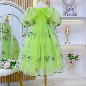女童夏装连衣裙2022夏季新款儿童公主裙洋气女孩泡泡袖绿色裙子夏