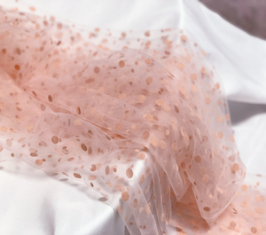 温柔浅粉色波点植绒娃娃衫婚纱礼服面料布料软网纱