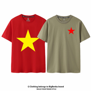 中国红色五角星纯棉爱国短袖T恤男女衣服红五星半袖体恤大码胖子