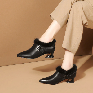 粗跟单鞋女深口鞋秋冬新款女鞋百搭毛绒貂毛皮鞋中跟皮鞋真皮尖头