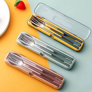 创意简约304不锈钢勺子叉子筷子三件套翻盖式盒便携餐具旅行套装