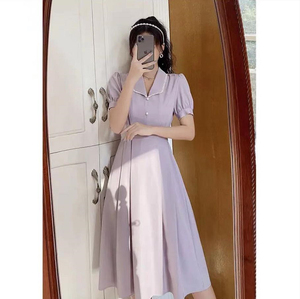大码微胖mm桔梗裙子女夏装2024新款法式复古气质泡泡袖紫色连衣裙