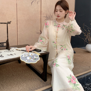 大码女装春夏季新中式国风重工刺绣长袖衬衫碎花连衣裙两件套装女