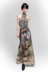 山本耀司夏季新款复古欧洲油画风交叉木环露背高领显瘦连衣裙长裙