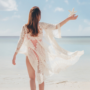 唯美韩国新款海边沙滩度假性感长款蕾丝镂空比基尼泳衣外搭外罩衫