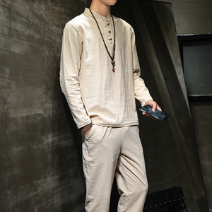 l利诚家纺服饰淘宝传统长袖民国唐装男士打底衫乳白色棉麻文艺居家