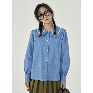 花边格子长袖衬衫女2021年早春新款上衣服娃娃领日系蓝色休闲衬衣