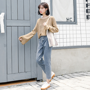 老爹裤女搭配上衣2019新款韩版宽松休闲百搭高腰九分阔腿牛仔裤春