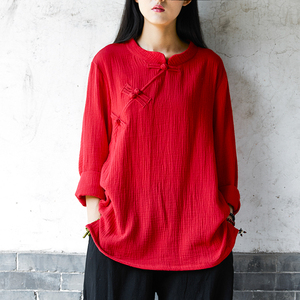 中国风红色棉麻长袖盘扣旗袍式上衣短款女装禅意茶艺师服装茶道服