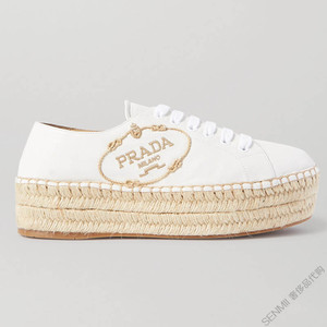 prada女鞋代购正品普拉达2020款白色山羊皮刺绣系带松糕厚麻底鞋