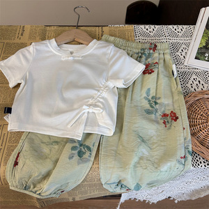 婴儿衣服夏季薄款中国风盘口抽绳T恤花朵防蚊裤套装1岁女宝宝童装
