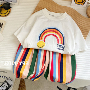 婴儿衣服夏季薄款网红韩版笑脸短袖T恤套装一岁男女宝宝可爱童装