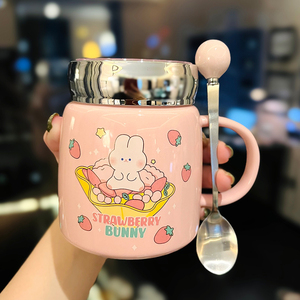 小众设计感流沙盖陶瓷水杯带勺可爱粉嫩少女心学生马克杯早餐杯子