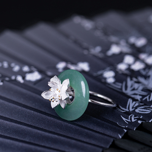 银迷s925纯银女尾戒东陵玉戒指通体荷花莲花开口古风气质指环新品