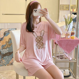 睡衣女夏季莫代尔家居服套装青年粉色圆领短裤女可爱小兔宽松休闲