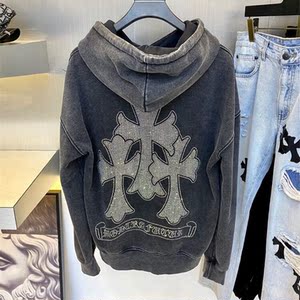 ins潮牌20秋冬新款ch克罗心烫钻梵文十字连帽休闲卫衣外套男女款