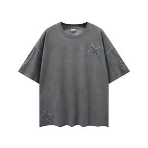 水洗做旧"ok邦"创可贴绣花短袖潮x贴布t嘻哈宽松圆领半袖男女款