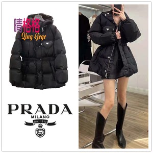 prada/普拉达21秋冬新款倒三角logo中长款羽绒服女士收腰棉服外套