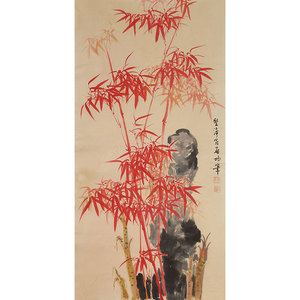 00qujin2018淘宝新品启功 潇湘春雨图朱砂红竹子国画装饰画挂画高清